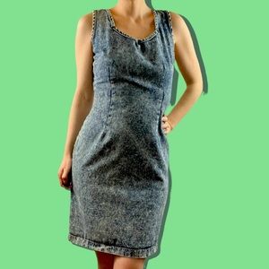 80s 90s Fredrick’s of Hollywood Acid Wash Sleeveless Bodycon Denim Dress Womens